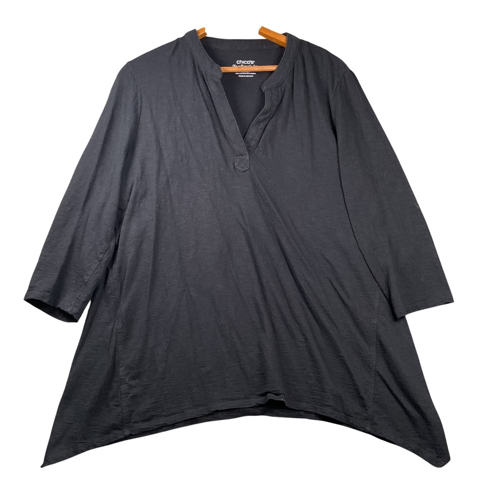 Chico's The Ultimate Tee Women Size L Black Sharkbite Hem Split Neck Slub Top